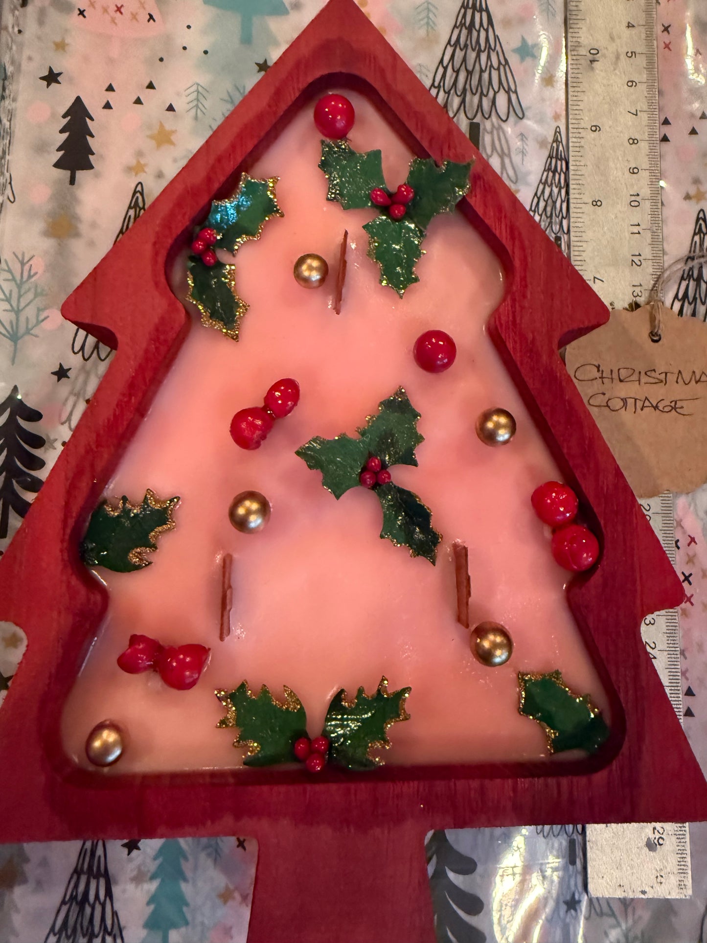 Christmas Cottage Red Christmas Tree Wood Bowl Candle