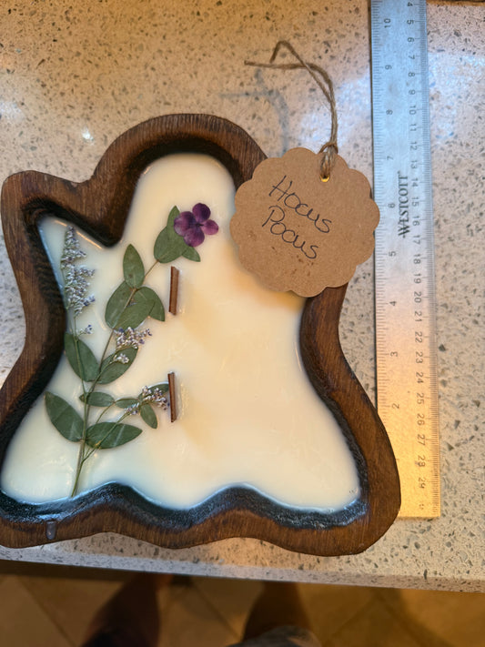 Hocus Pocus Ghost Wood Bowl Candle (purple stemmed flower)